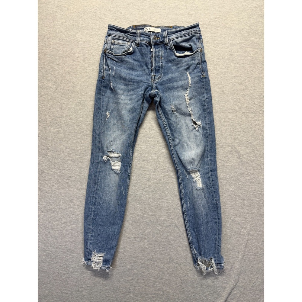 Zara Skinny Jeans Women 30 (Fits 27x27) Blue Denim Stretch Distressed Frayed Hem
